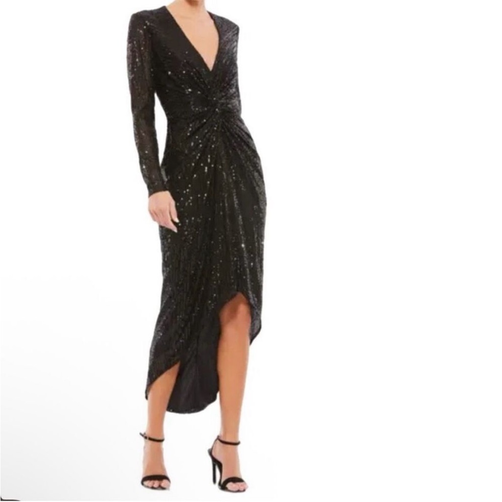 Mac Duggal Ieena Sequin Knotted Long Sleeve Midi Dress Nwt 16